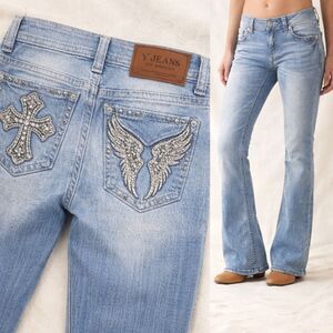 Y Jeans LA Bootcut Jeans Womens 7 Bling Cross Wing Studded Y2K Low Rise Blue